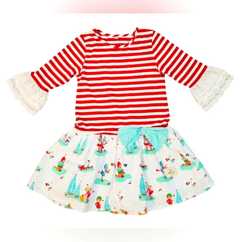Sei Bellisima Girls 7-8 Christmas Holiday Dress Mixed Media Lace Bell 1/2 Sleeve